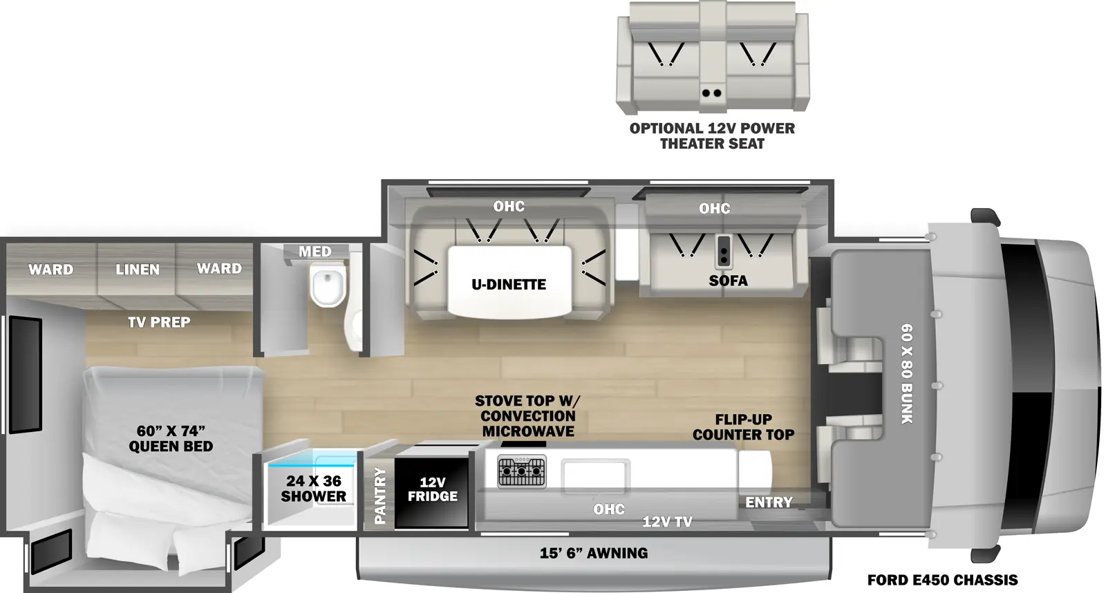 The Solera 32DSK floorplan has one entry and two slide outs. Exterior features include: 15' 6" awning. Interiors features include: rear bedroom, pass through bathroom, bunk over cab, u-dinette and dinette.